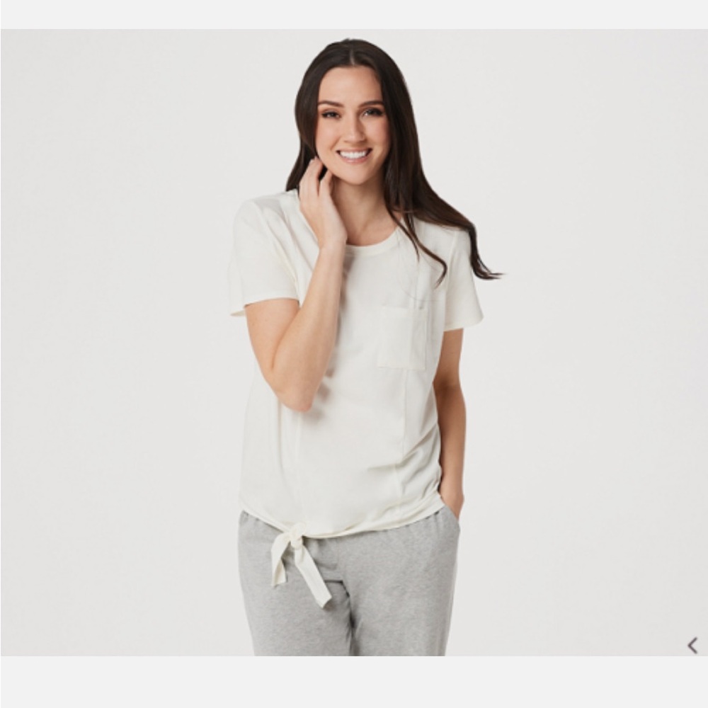 AnyBody Cozy Knit Side Tie T-Shirt with Pocket-A353777-NEW Cream XS